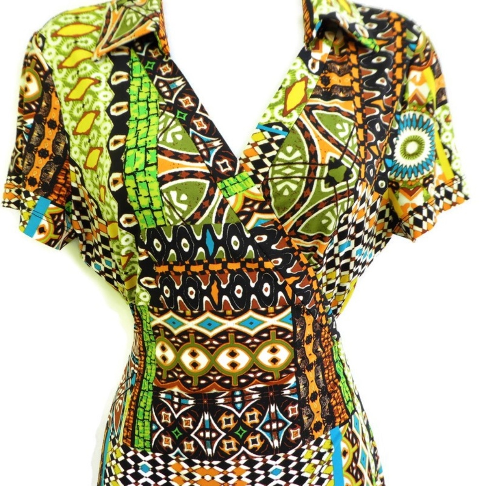 Calvin Klein Wrap Dress Mod Retro Psychedelic Knit Spandex 8 - Picture 1 of 8